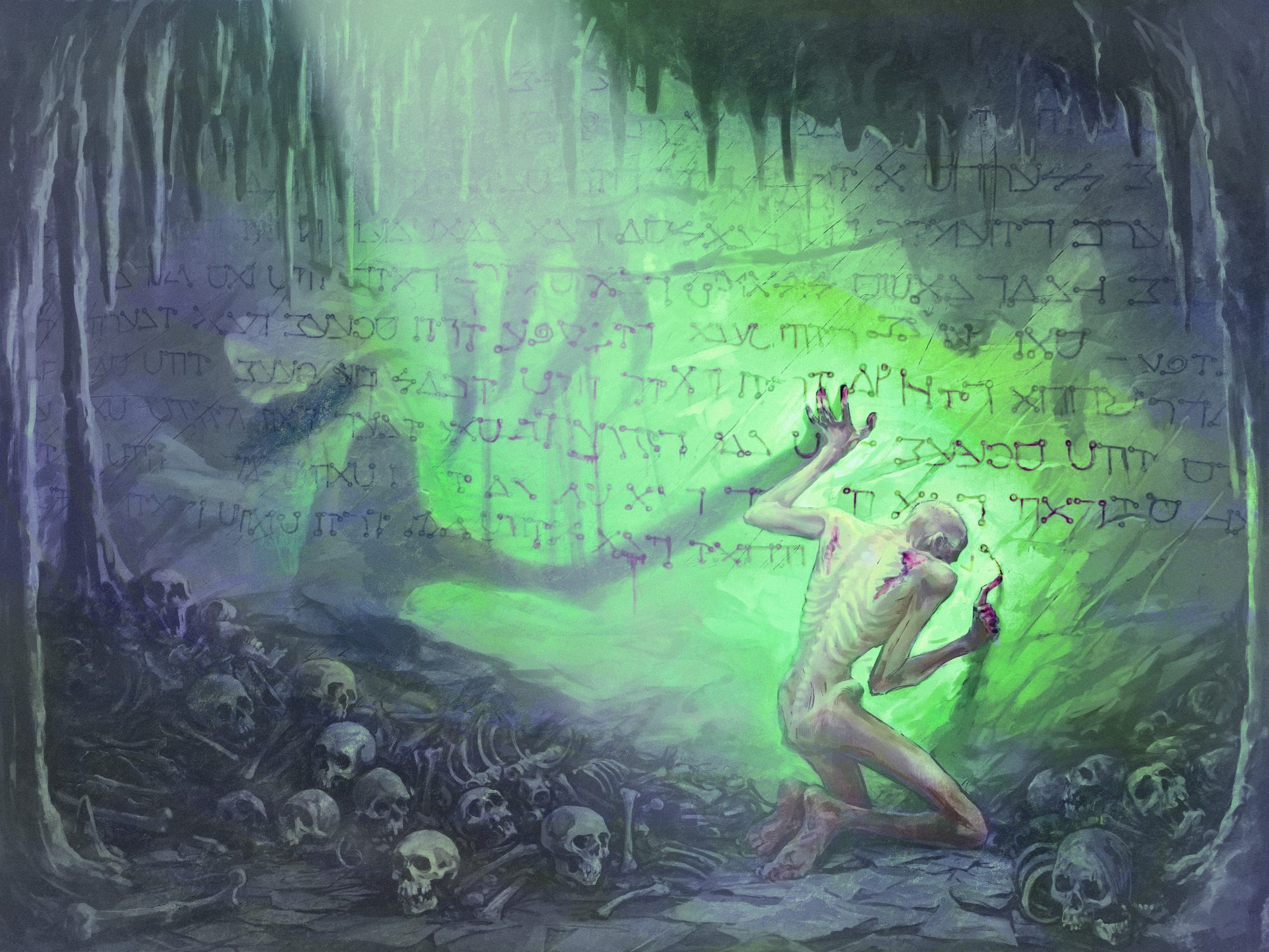 Emaciated figure kneeling before a glowing green wall of unknown script, amid scattered skulls and bones
